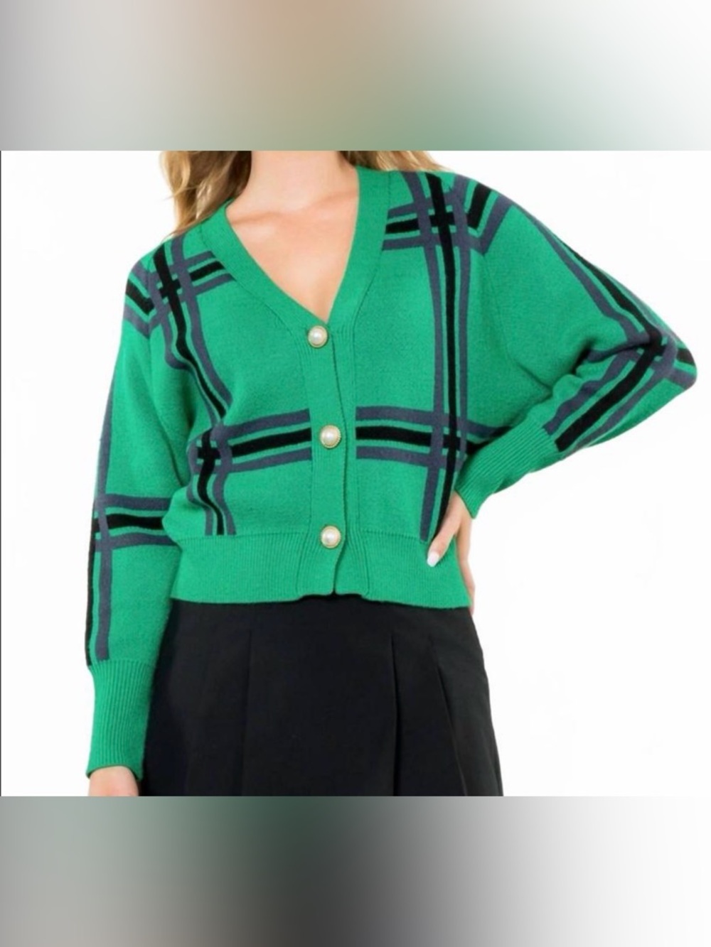 THML Emerald Green Plaid V-Neck Button Cardigan